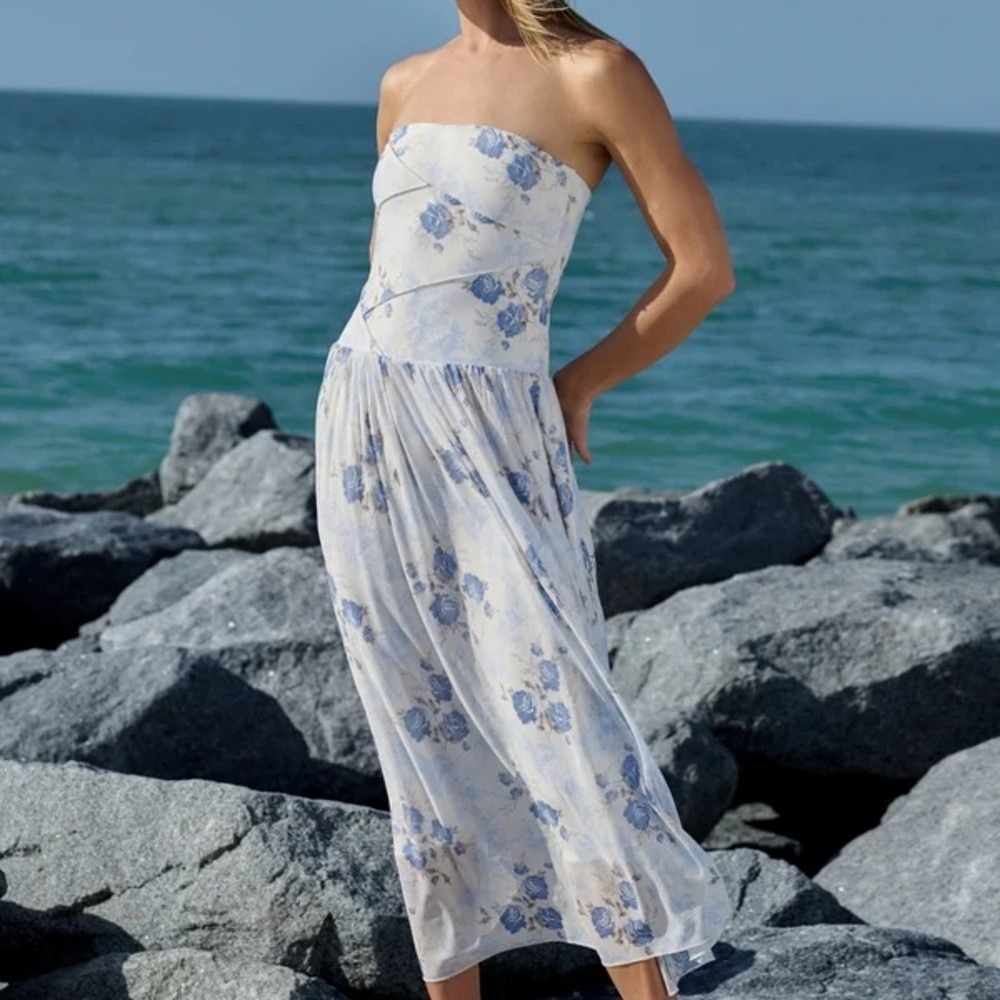 Altar'd State Strapless Blue Floral Midi Dress Size Medium